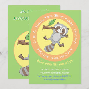 Cute baby raccoon cartoon illustratie 1 jaar kaart