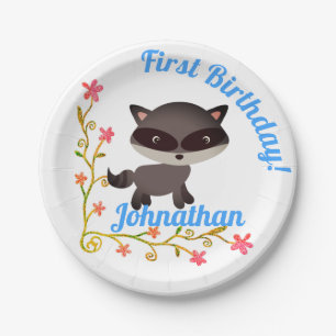 Cute Baby Raccoon met bloemen Papieren Bordje
