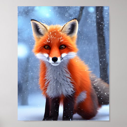 Cute Baby Red Fox in de sneeuw Poster (Voorkant)