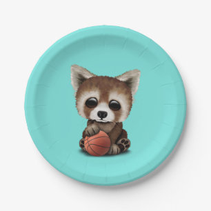 Cute Baby Red Panda speelt met Basketball Papieren Bordje