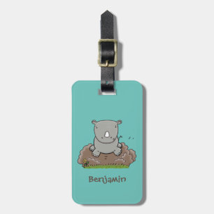 Cute baby rhino cartoon illustratie bagagelabel
