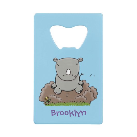 Cute baby rhino cartoon illustratie kredietkaart flessenopener (Voorkant)
