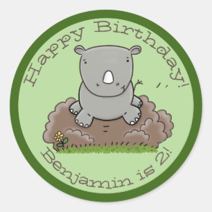 Cute baby rhino green cartoon illustratie ronde sticker
