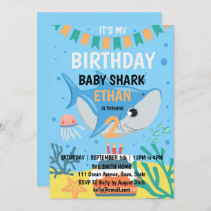 Cute Baby Shark Birthday Party Invitation Kaart
