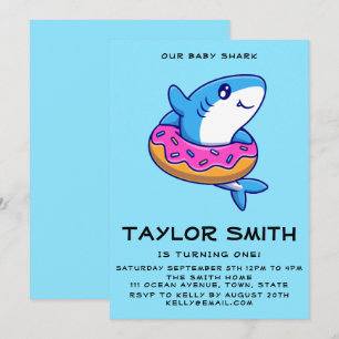 Cute Baby Shark with Doughnut Birthday Party Invit Kaart