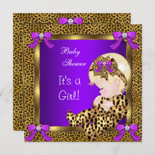 Cute Baby shower Baby Girl Leopard Paars Gold 3 Kaart