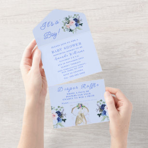 Cute Baby shower Elephant Het is een jongen Floral All In One Uitnodiging
