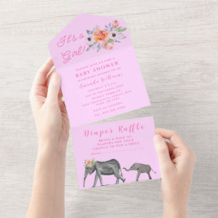 Cute Baby shower Elephant Het is een meisje Floral All In One Uitnodiging