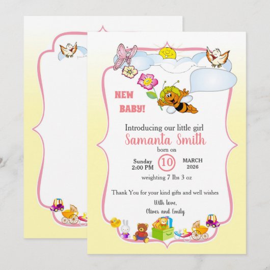 Cute Baby Shower Invitation for girl (Devant / Derrière)