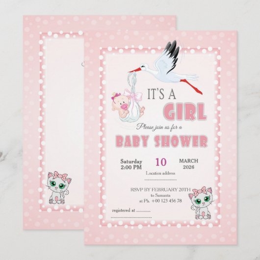 Cute Baby Shower Invitation - it is a girl! (Devant / Derrière)