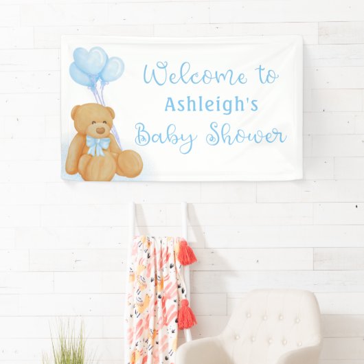 Cute Baby shower Teddy Bear Blue Heart Balloons Spandoek (Insitu)