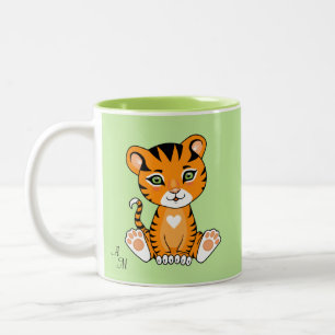 Cute Baby Tiger Animal Cartoon & Monogram op groen Tweekleurige Koffiemok