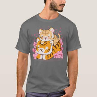 Cute Baby Tiger en mam Pink Sakura Kawaii T-shirt