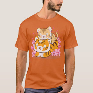 Cute Baby Tiger en mam Pink Sakura Kawaii T-shirt