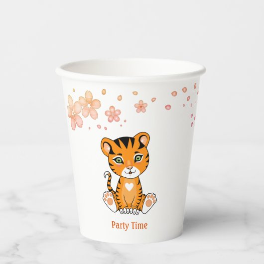 Cute Baby Tiger & Roze Flowers Party Paper Cups Papieren Bekers (Voorkant)