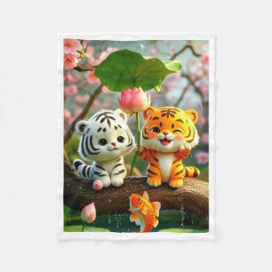Cute Baby Tijgers En Vis Lotus Vijver Vliesdeken B Fleece Deken