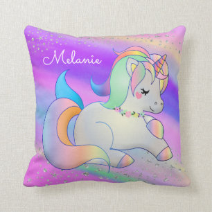 Cute Baby Unicorn Silver Stars Rainbow Kussen