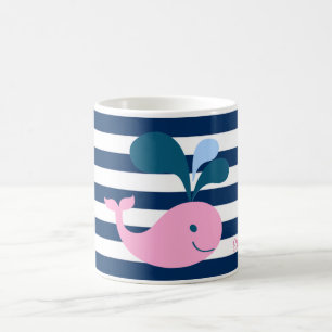 Cute Baby Whale, Navy Blue Stripes-Personalized Koffiemok