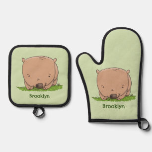 Cute baby wombat cartoon illustratie ovenwant & pannenlap set