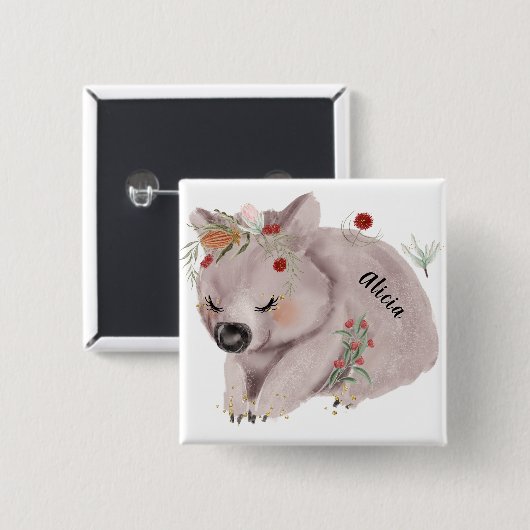 Cute Baby Wombat Gold Speckle Custom Name Vierkante Button 5,1 Cm (Voorkant /achterkant)
