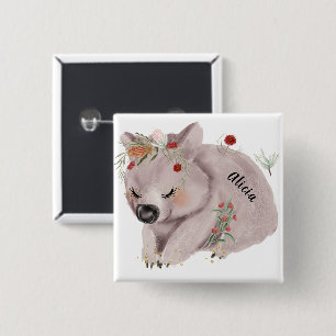Cute Baby Wombat Gold Speckle Custom Name Vierkante Button 5,1 Cm