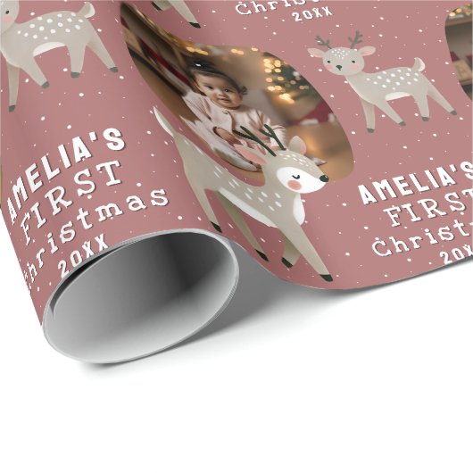 Cute Baby's 1st Christmas Photo Reindeer Cadeaupapier (Rol Hoek)