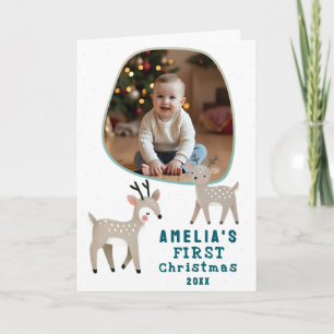 Cute Baby's Eerste Kerst Foto Rendier Feestdag Kaart