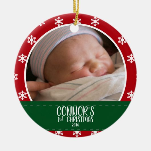 Cute Babys eerste kerstfoto Red Snowflake Keramisch Ornament (Voorkant)