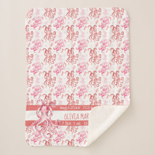 Cute Baby's Name Coral and Pink Waterverf Octopus Sherpa Deken