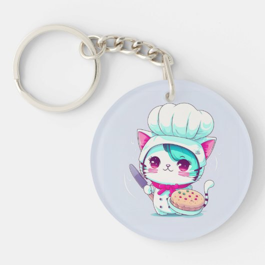 Cute Baker Pastry Chef Cat met Cake en Knife | Sleutelhanger (Voorkant)