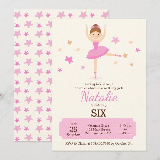 Cute Ballerina Anniversaire Fête Invitation (Devant / Derrière)