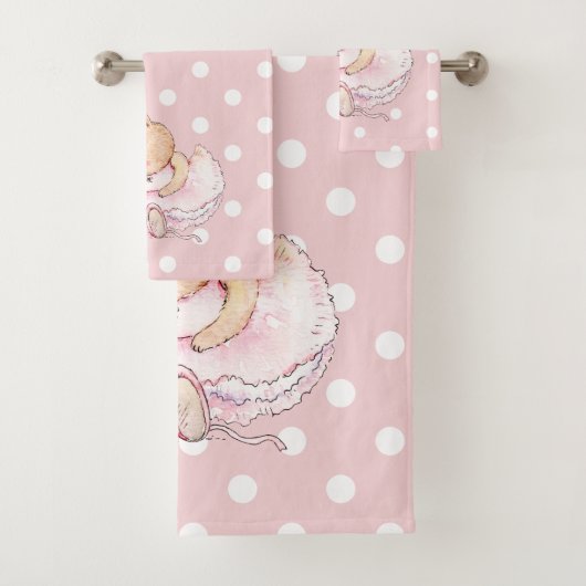 Cute Ballerina Bunny Rabbit Pink White Polka Dots Bad Handdoek (Insitu)