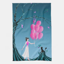 Cute Ballerina & Cat Night Sky Blue Tea Towel Theedoek
