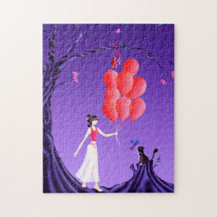 Cute Ballerina & Cat Night Sky Jigzaag Puzzle Legpuzzel