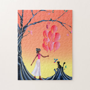 Cute Ballerina & Cat Night Sky Jigzaag Puzzle Legpuzzel