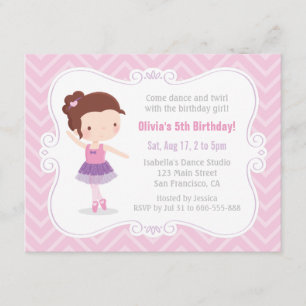 Cute Ballerina Girl Pink Chevron Birthday Party Kaart