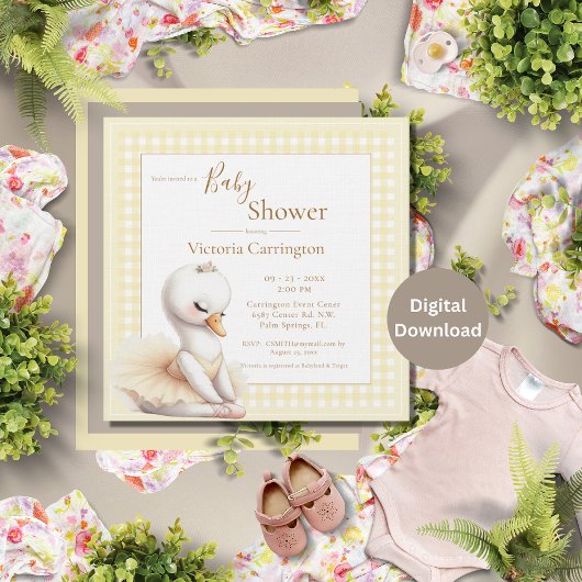 Cute Ballerina Jaune Plaid Baby shower Invitation