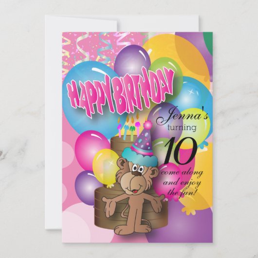 Cute Balloon Monkey Pink Birthday Kaart (Voorkant)