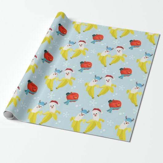 Cute Banana and Apple KerstPattern Cadeaupapier (Uitgerold)