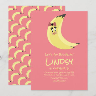 Cute Banana Pink Girls Birthday Party Invitation Kaart