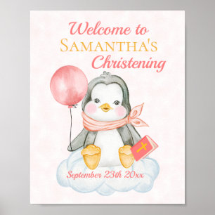 Cute Baptism Waterverf Baby Penguin Pink Welkom Poster