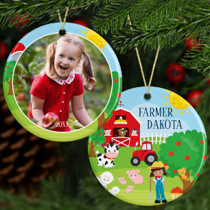 Cute Barnyard Animals, Farmer Girl Fotokerstmis Keramisch Ornament