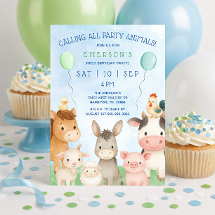 Cute Barnyard Feest Dieren Eerste Verjaardagsfeest Kaart