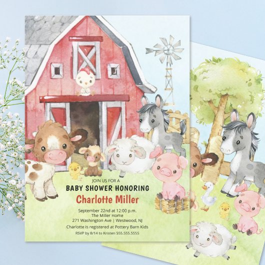 Cute Barnyard Friends Baby shower Kaart