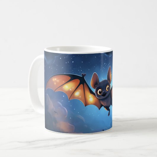 cute bat flying at night under a starry and cloudy koffiemok (Voorkant links)