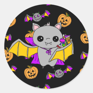 Cute Bat Holding Halloween Snoep Ronde Sticker