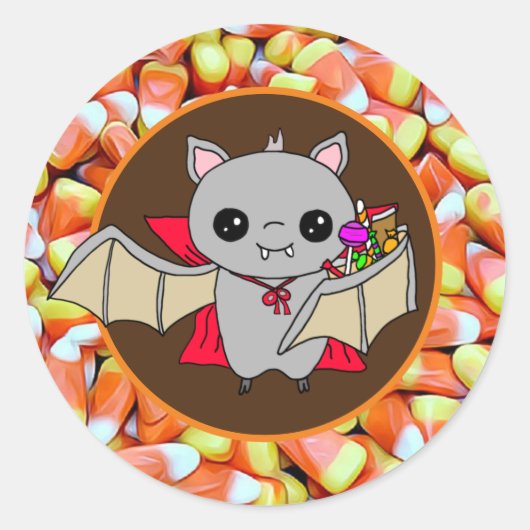 Cute Bat Holding Halloween Snoep Ronde Sticker (Voorkant)