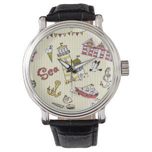 Cute Beach Scene Pattern Horloge