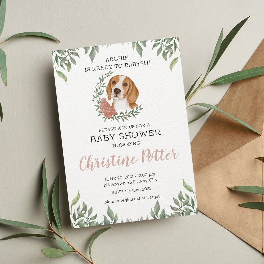 Cute Beagle Dog Puppy Greenery Boho Baby shower in Kaart