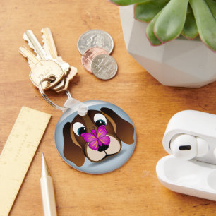 Cute Beagle Puppy Dog en Butterfly Round Sleutelha Sleutelhanger